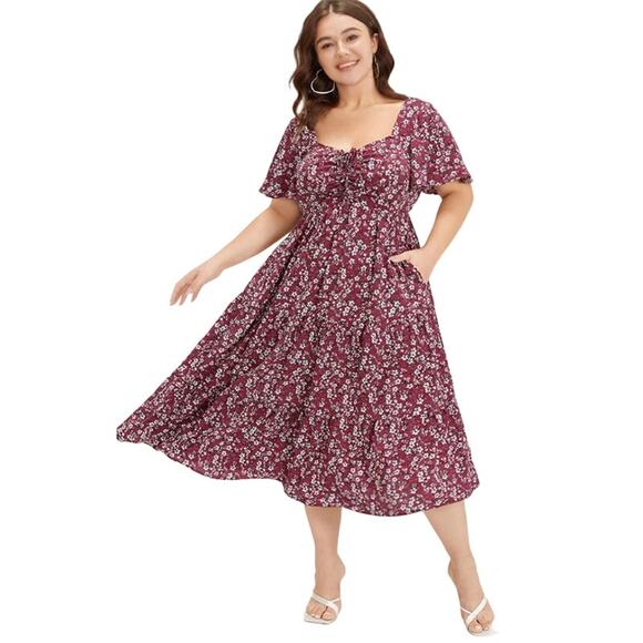 BloomChic Ditsy Floral Pocket Drawstring Ruched Flutter Sleeve Dress, Scarlet 2X - Picture 1 of 7